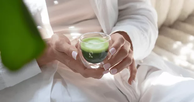 matcha ceremonialna w dłoni